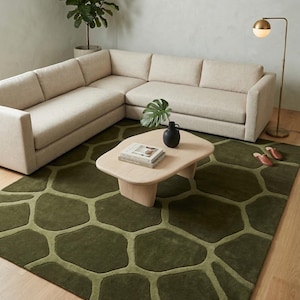 Turtle Shell Pattern Hand Tufted Rug, Muted Olive Green Accent, Animal Inspired Carpet, 8x10 9x12 10x14 Wool Carpet for Living Dining Room