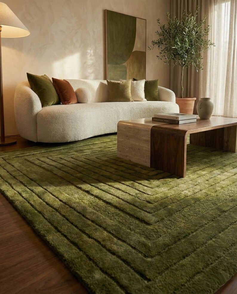 Textured Olive Hand Tufted Rug,bordered Pattern,handmade Wool Rug ...