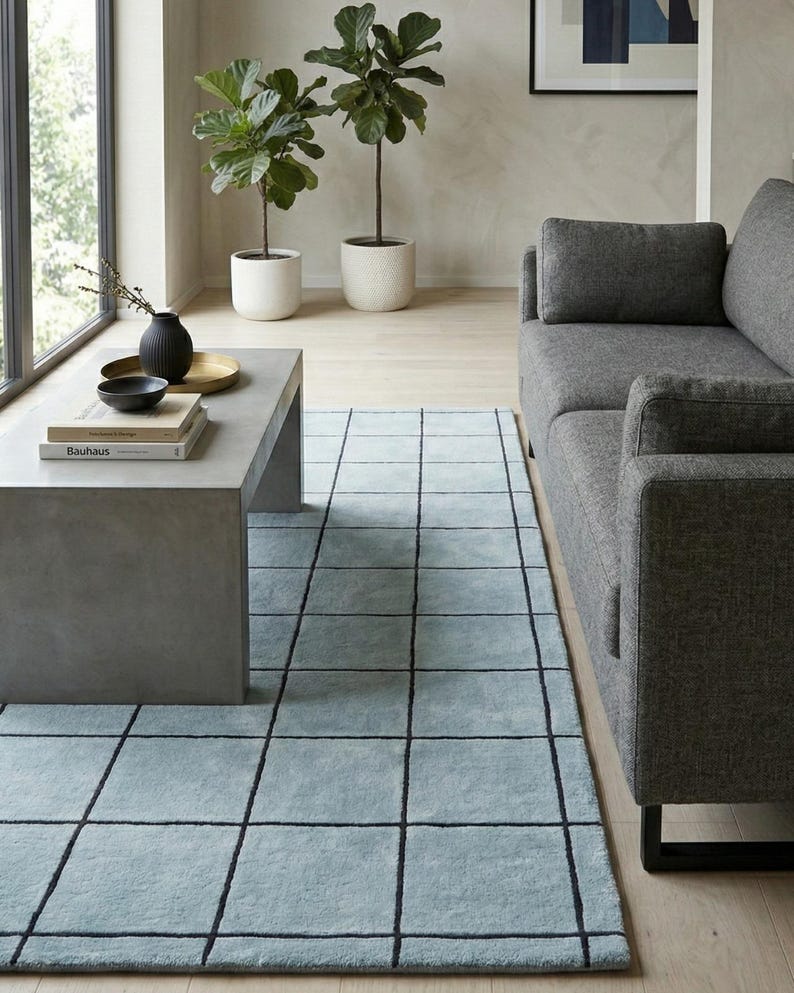 Soft Blue Hand Tufted Rug, Grid Pattern, Handmade Wool Rug ...