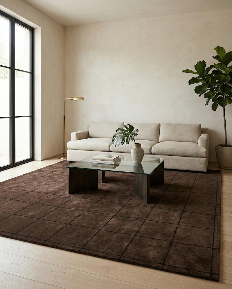 Brown Hand Tufted Rug, Grid Pattern, Handmade Wool Rug, Contemporary ...