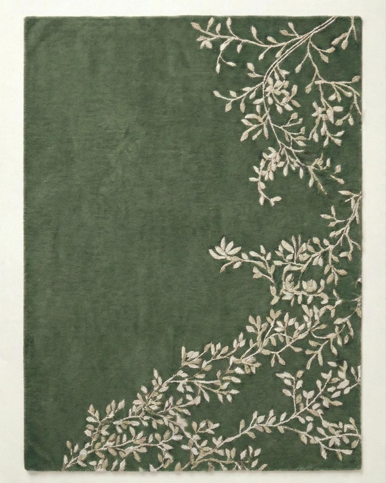 Botanical Vine Green Rug, Modern Hand Tufted Rug, Contemporary Handmade ...