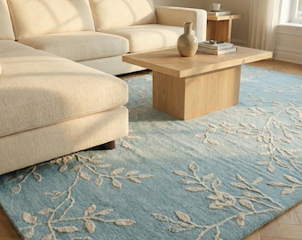 Botanischer Reben-weicher blauer Teppich, moderner handgetufteter Teppich, zeitgenössischer handgemachter Wollteppich, 8x10 9x12 10x14 Schlafzimmer, Wohnzimmer-Teppich