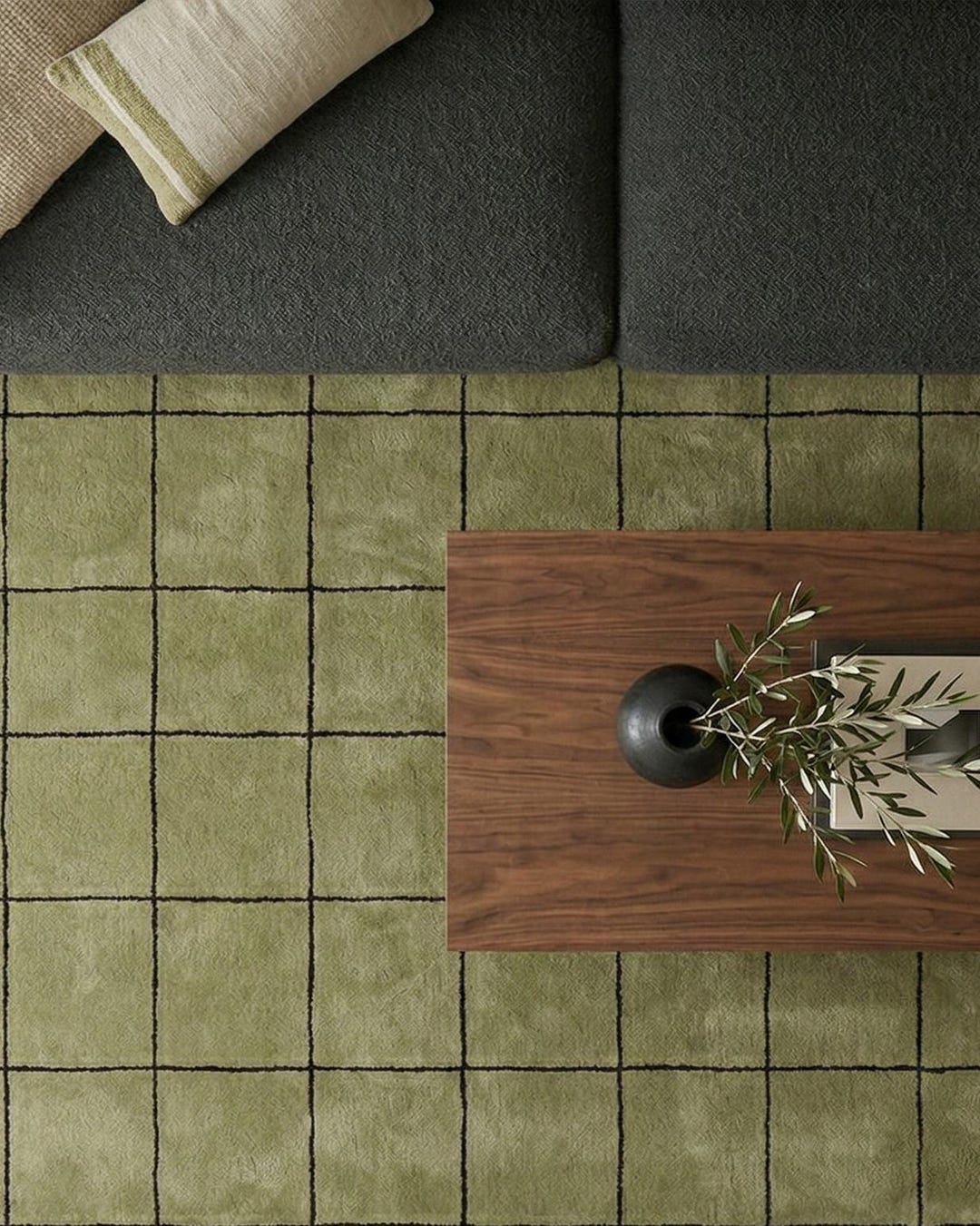 Olive Hand Tufted Rug, Grid Pattern, Handmade Wool Rug, Contemporary ...