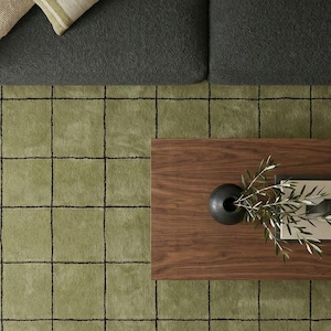 May include: A sage green area rug featuring a dark grid pattern, positioned beneath a dark grey sofa with a textured throw pillow, a rectangular wooden coffee table, a matte black vase, and a small leafy green branch in a glass container.