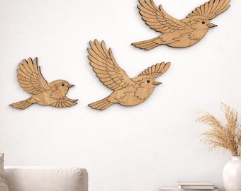 Decoración de pared de petirrojo, arte de pared de aves del bosque de madera, adorno de pared de aves volando, decoración de petirrojo, juego de 3