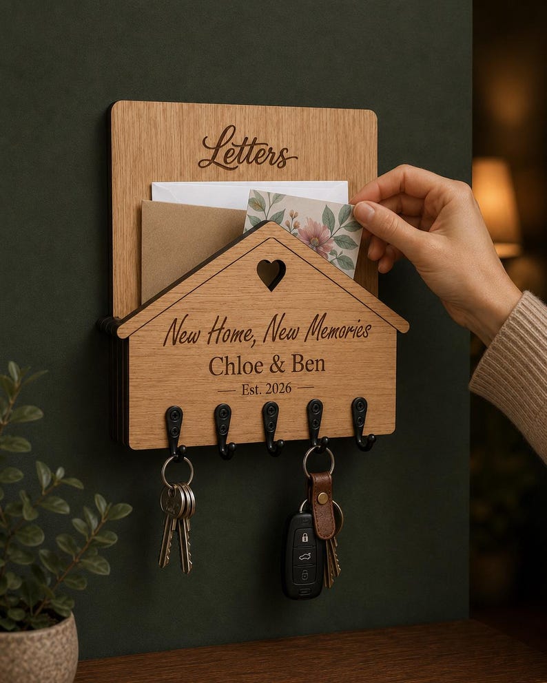 Puede incluir: Un organizador de correo y llavero de pared de madera con un panel frontal en forma de casa y un recorte de coraz&oacute;n. La madera est&aacute; grabada con el texto Letters, New Home, New Memories, Chloe & Ben y Est. 2026. Incluye cinco ganchos de metal negro.