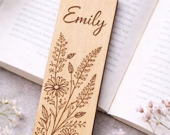 Marcapáginas de madera personalizado, nombre floral grabado a medida, recuerdo de lectura