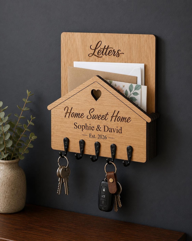 Puede incluir: Un organizador de correo y llavero de pared de madera clara. La secci&oacute;n superior tiene la palabra Letters. La parte frontal con forma de casa presenta un recorte de coraz&oacute;n, el texto Home Sweet Home, Sophie & David, y Est. 2026, con cinco ganchos.