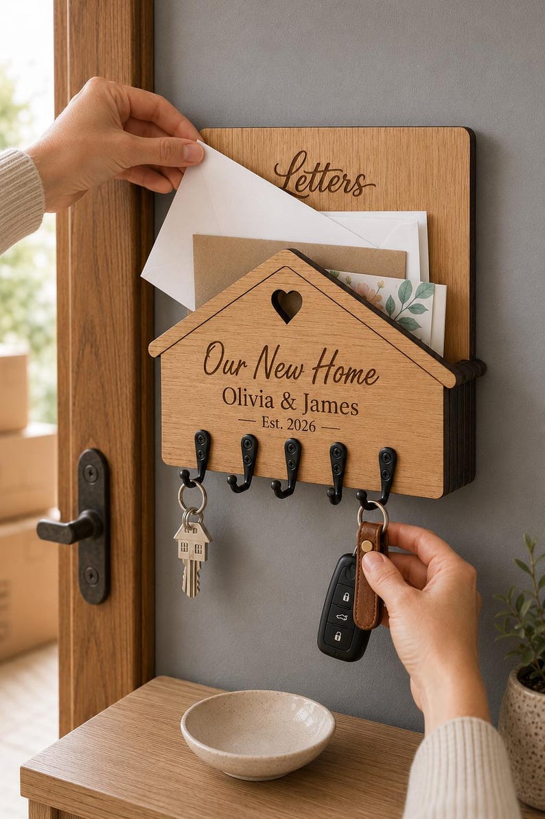 Puede incluir: Un organizador de correo y llavero de pared de madera clara con forma de casa. Cuenta con un recorte en forma de coraz&oacute;n, cinco ganchos de metal negro y texto grabado que dice Letters, Our New Home, Olivia & James y Est. 2026.