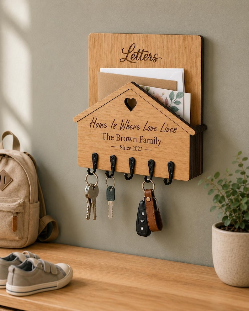 Puede incluir: Un organizador de correo y llavero de pared de madera clara con cinco ganchos de metal negro. El panel frontal tiene forma de casa con un recorte de coraz&oacute;n y el texto grabado Letters, Home Is Where Love Lives, The Brown Family, Since 2022.