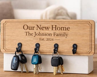 Personalised Wooden Key Holder Custom Engraved New Home Gift for Couples, Housewarming