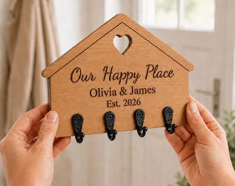 Personalised Key Holder, Custom Family Name Wooden Key Holder, Wall Mounted Key Hooks, Housewarming Gift, New Home Gift