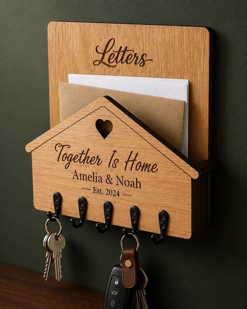 Puede incluir: Un organizador de correo y llavero de pared de madera clara. La secci&oacute;n superior est&aacute; grabada con la palabra Letters. La secci&oacute;n inferior en forma de casa presenta un recorte de coraz&oacute;n, el texto Together Is Home, Amelia & Noah, Est. 2024 y cinco ganchos de metal negro.
