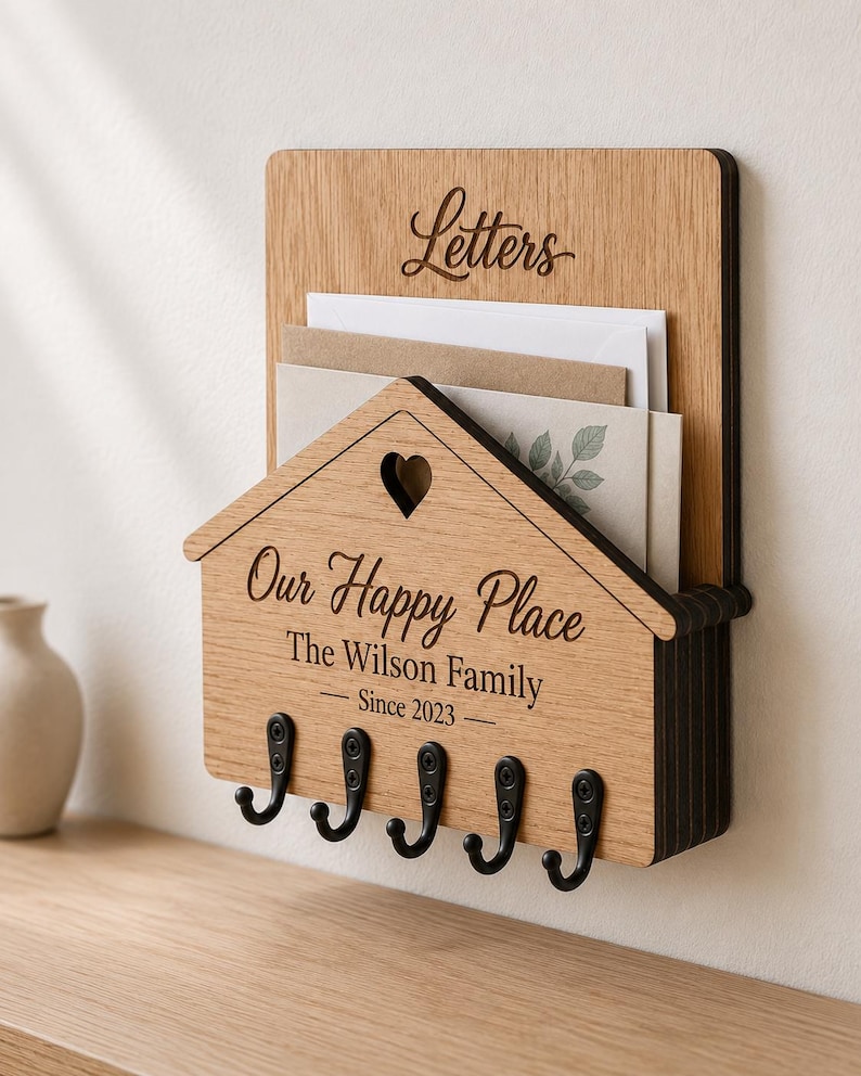Puede incluir: Un organizador de correo y llavero de pared de madera clara con cinco ganchos de metal negro. El panel frontal tiene forma de casa con un recorte de coraz&oacute;n y el texto grabado "Our Happy Place", "The Wilson Family" y "Since 2023". El panel superior tiene grabado "Letters".