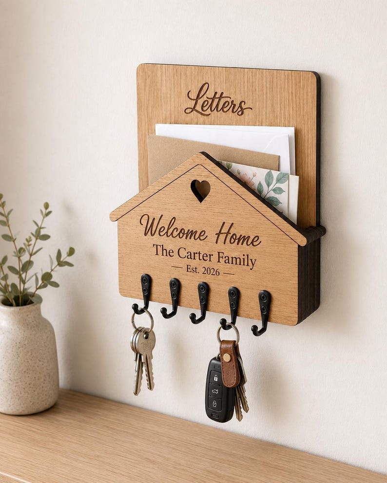 Puede incluir: Un organizador de correo y llavero de pared de madera marr&oacute;n claro. La secci&oacute;n superior tiene la palabra Letters. La secci&oacute;n inferior con forma de casa presenta un recorte de coraz&oacute;n, el texto Welcome Home, The Carter Family y Est. 2026.