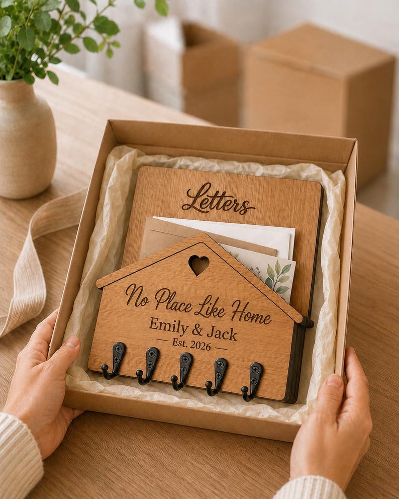 Puede incluir: Un organizador de pared de madera en una caja de cart&oacute;n. La pieza trasera est&aacute; grabada con la palabra Letters. La pieza frontal en forma de casa con un recorte de coraz&oacute;n est&aacute; grabada con No Place Like Home, Emily & Jack, Est. 2026 y cinco ganchos de metal negro.