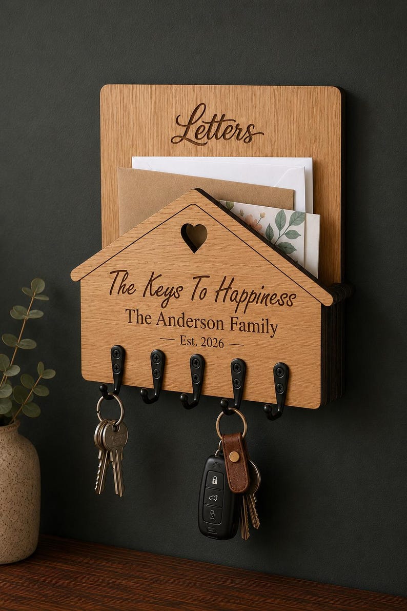 Puede incluir: Un organizador de correo y llavero de pared de madera marr&oacute;n claro. La secci&oacute;n superior est&aacute; grabada con la palabra Letters. La secci&oacute;n inferior en forma de casa tiene un recorte de coraz&oacute;n, el texto The Keys To Happiness, The Anderson Family, Est. 2026 y cinco ganchos de metal negro con dos juegos de llaves.