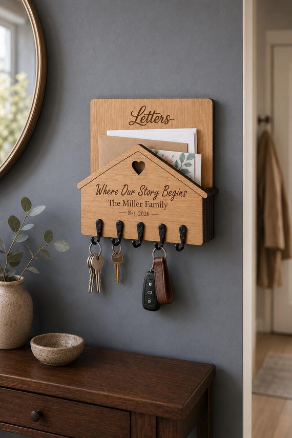 Personalised Letter Holder, Wall Mount Key Holder, Wooden Key Rack, New Home Present, House Warming Gift