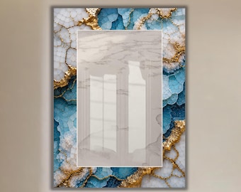 Espejo con mosaico de geoda azul, espejo de pared vertical de lujo, arte en vidrio veteado dorado, decoración moderna para el hogar.