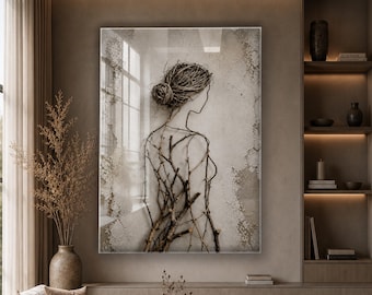 Abstract Branch Woman Glass Wall Art, Rustic Neutral Boho Decor