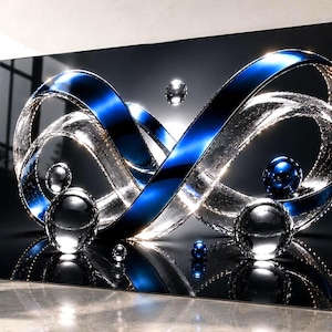 May include: A rectangular wall art piece featuring a glossy, abstract composition of intertwined, metallic blue ribbons and translucent, spherical glass orbs. The design creates a sense of depth against a dark background with bright highlights.