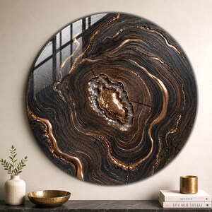 Luxury circular tempered glass wall art | Abstract black geode wall decor | Modern gold wall art | Contemporary home decor
