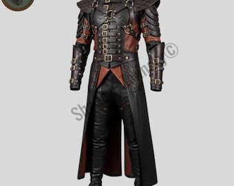 Genuine Leather Warrior Long Coat | Medieval Fantasy Armor Jacket | Handmade Costume