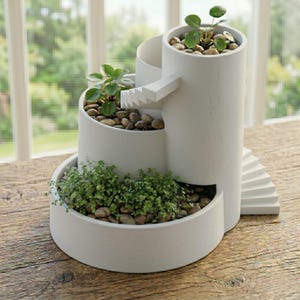 May include: A white multi-tiered planter with three distinct levels, each filled with small brown pebbles and green plants. The structure features a central cylindrical tower connected by small white staircases to lower circular planting sections.