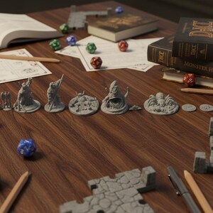 May include: A tabletop scene featuring various role-playing game accessories. There are several dice, miniature figurines, books, pencils, and game tiles arranged on a wooden surface. The dice are in various colors, and the books have dark covers.