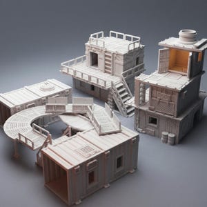 May include: A collection of miniature, light-colored buildings, possibly for a tabletop game or model display. The structures include multi-level buildings with stairs, balconies, and industrial-style details. The set appears to be made of a light-colored material.