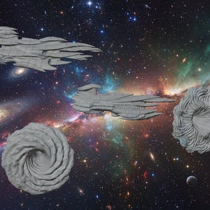 Puede incluir: Una representación artística del espacio con varias naves espaciales grises y objetos circulares y arremolinados sobre un fondo de galaxias, estrellas y nebulosas. La imagen evoca la ciencia ficción y la exploración cósmica.