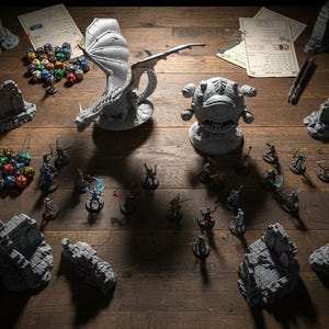 May include: A tabletop gaming scene featuring a dragon figurine, a beholder figurine, miniature figures, dice, and terrain pieces. The scene is set on a wooden surface, with various game accessories.