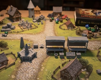 Medieval Market Square Terrain | Merchant Stalls, Fountain & Cart | RPG Village Scatter Scenery | Dragonshire Series