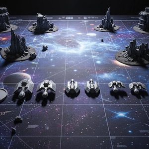 May include: A tabletop game setup with miniature grey spaceship models and terrain pieces resembling alien structures. The game board displays a cosmic scene with planets and star patterns, creating a sci-fi setting.