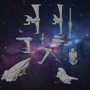 May include: A collection of gray spaceship models against a backdrop of a starry galaxy. The models vary in design, including sleek, winged ships, and more compact, rounded spacecraft. The image evokes a sense of space exploration and science fiction.