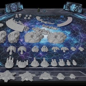 May include: A tabletop game setup featuring a space theme. The game board has a galaxy design with various gray miniature spaceships, terrain pieces, and control panels. Dice and other game components are also present, creating a detailed and immersive gaming environment.