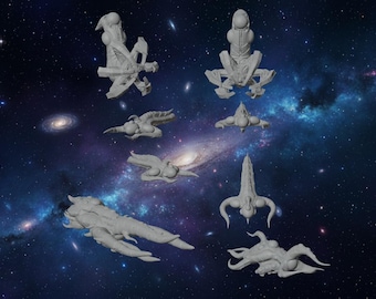 May include: A collection of gray, futuristic spaceship models against a backdrop of a starry galaxy. The spaceships vary in design, with sleek, organic shapes and intricate details, suggesting a science fiction theme.