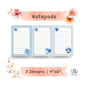 Forget Me Not Floral Notepad Set, Blue Flower Memo Pads 4x6, Cottagecore Stationery