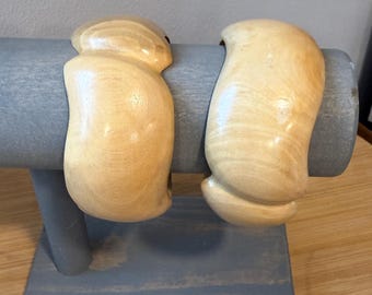 Vintage Hand Carved Chunky Wood Wavy Bangle Bracelets - Made in India Pair