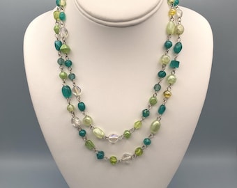 Boho Long Beaded Necklace 37" | Multi Colored Beads with Silver Tone Link Chain