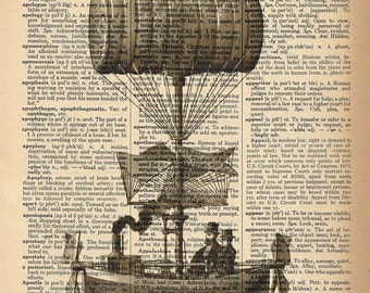May include: A vintage dictionary page with a black and white illustration of a hot air balloon. The page features the words "Apologetics" and "Apostle" and includes definitions for both words. The illustration shows a hot air balloon with a basket and a person in the basket.