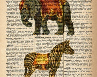 Dictionary Art Print - Elephant and Zebra - Upcycled Vintage Dictionary Page Poster Print - Size 8x10