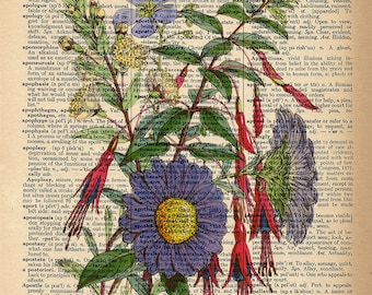 Dictionary Art Print - Purple and Red Floral Flower Bouquet - Upcycled Vintage Dictionary Page Poster Print - Size 8x10