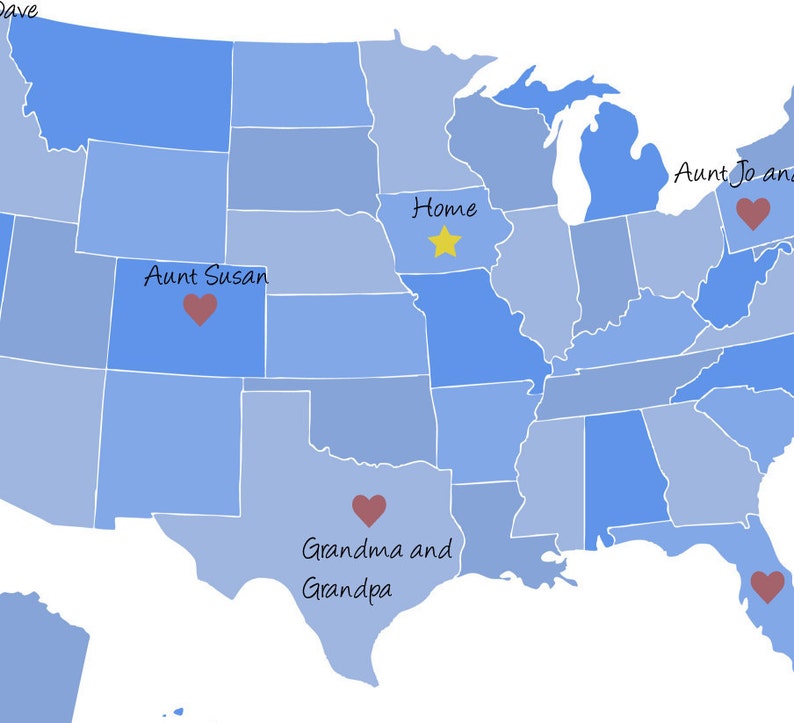 United States Map / Personalized Map in Blue Family Is Where the Heart Is 8x10 or 13x19 Art Print US Custom Map for Nursery or Gift image 2