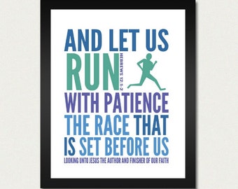 Bible Print / Scripture Poster / Christian - Let us Run with Patience The Race - 8.5x11 Art Print