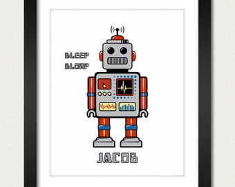 Robot Print / Robot Poster - Retro Robot - Personalized Name - Kids Room or Office - 8x10 Art Print or 13x19 Poster