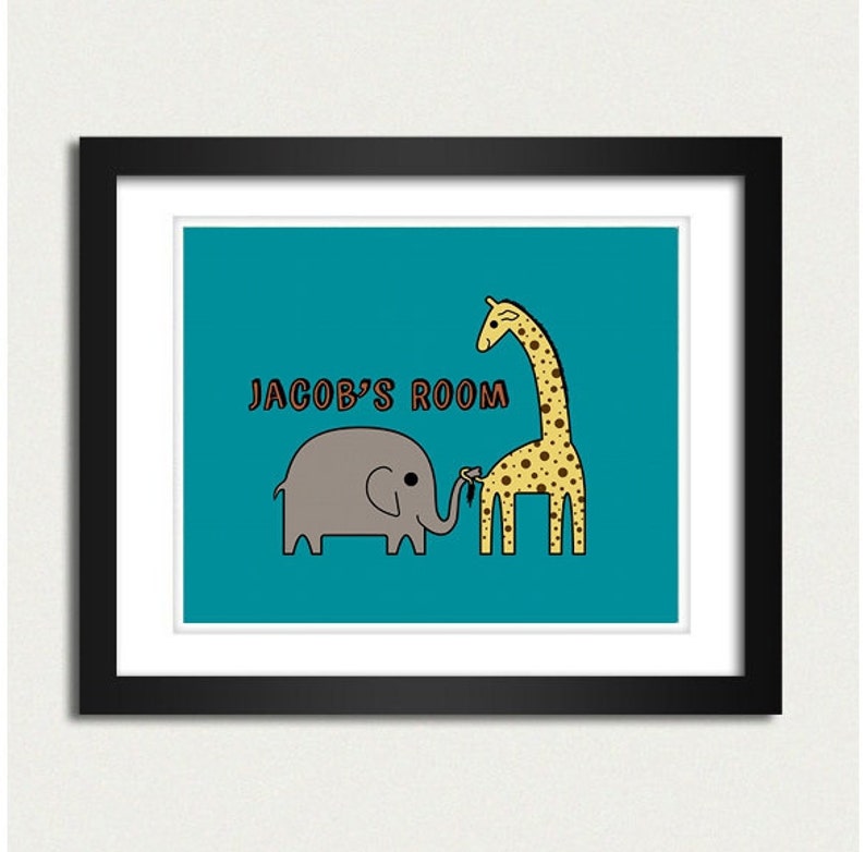 Personalized Nursery Print / Nursery Poster / Personalized Name Playful Elephant and Giraffe 8x10 Art Print image 3