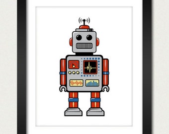 May include: A vintage-style robot illustration with a gray body, red arms, and blue legs. The robot has a digital display with a heart rate monitor and other gauges.