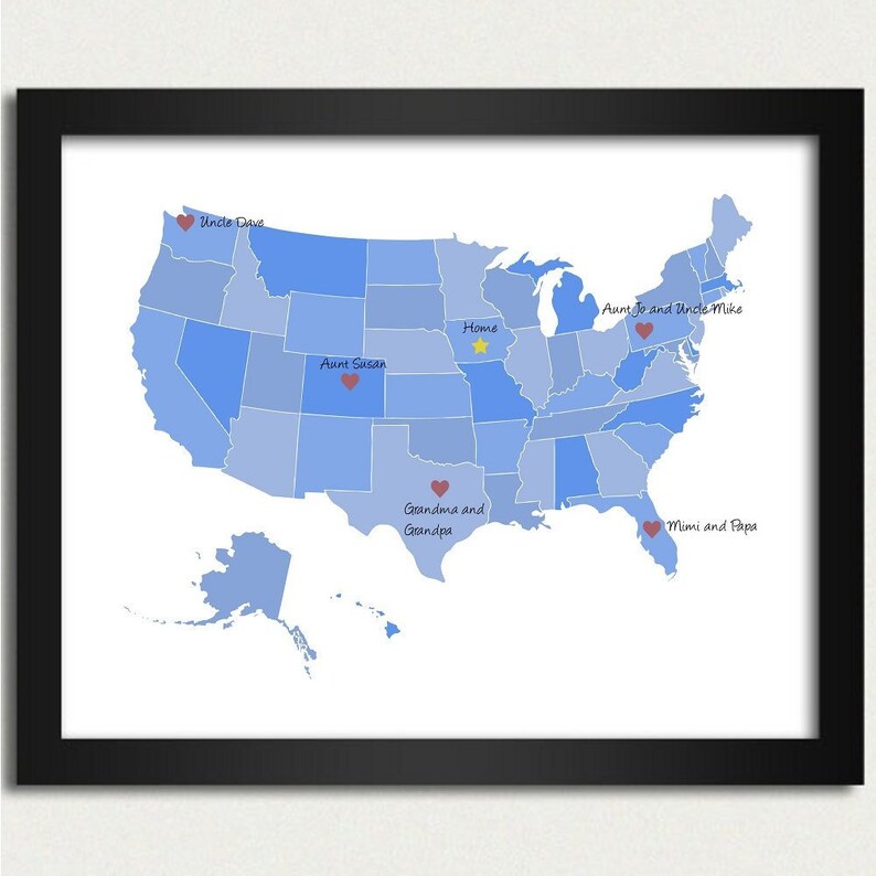 United States Map / Personalized Map in Blue Family Is Where the Heart Is 8x10 or 13x19 Art Print US Custom Map for Nursery or Gift image 1