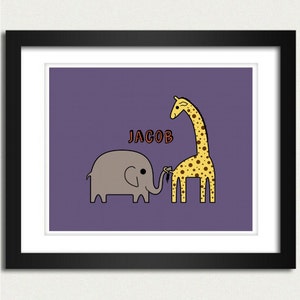 Personalized Nursery Print / Nursery Poster / Personalized Name Playful Elephant and Giraffe 8x10 Art Print image 2